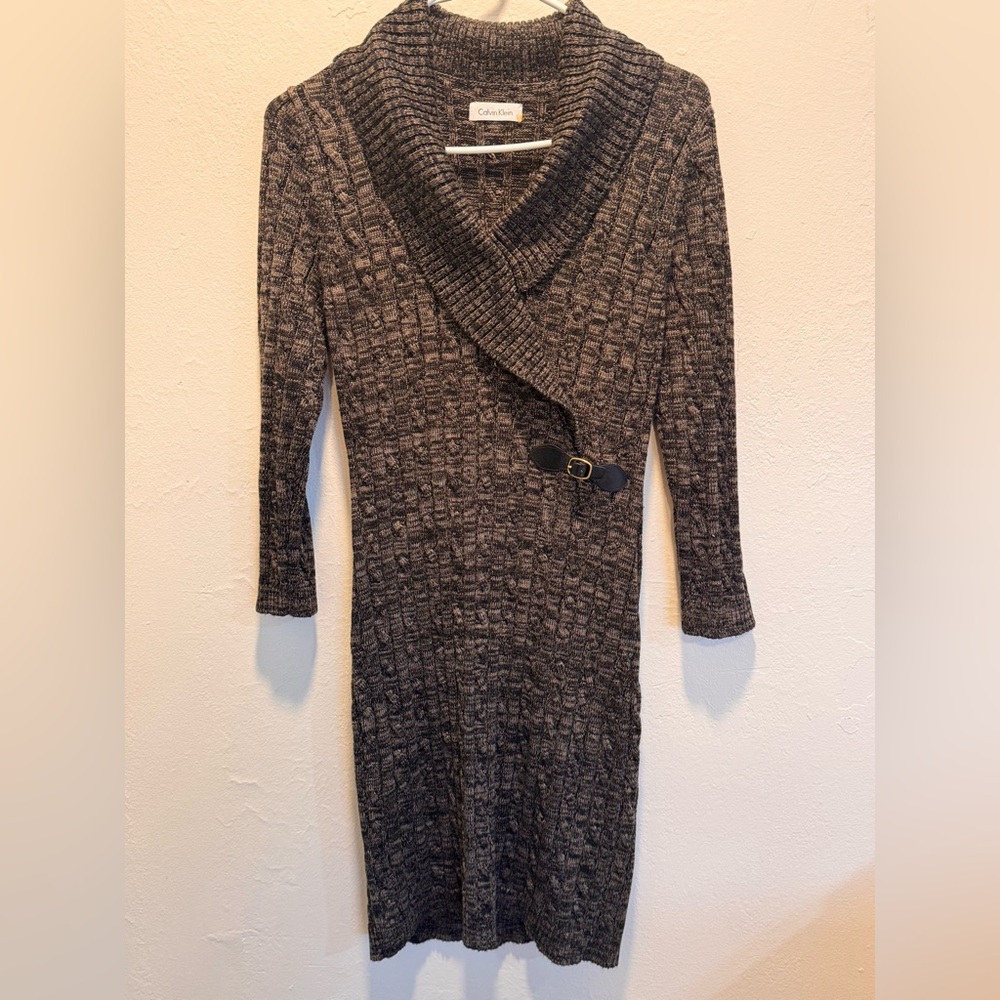 Calvin Klein Brown Sweater Black Buckle Dress Cable Knit Toggle Wrap Size Medium